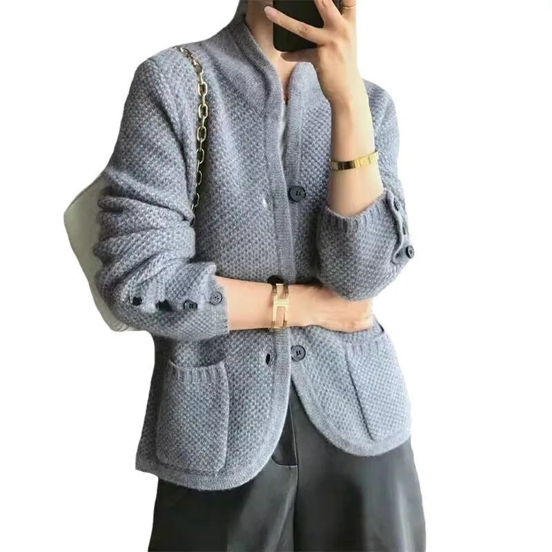 Women's Half-Neck Cardigan - Elara Style Gray