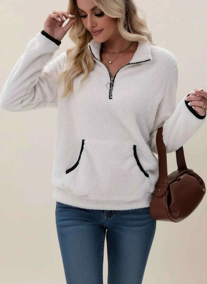 Women's Half-Zip Teddy Pullover Sweater White