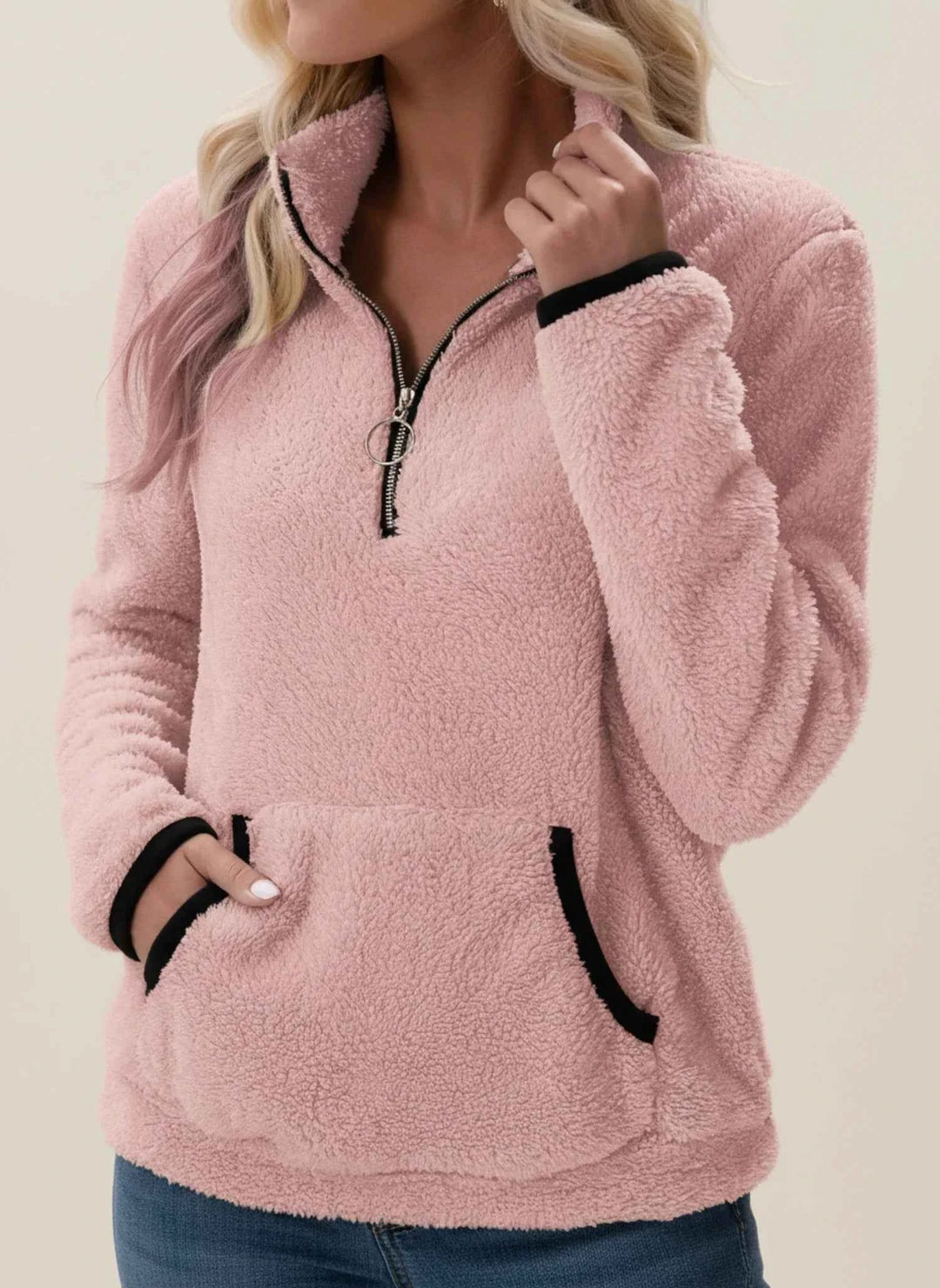Women's Half-Zip Teddy Pullover Sweater Pink
