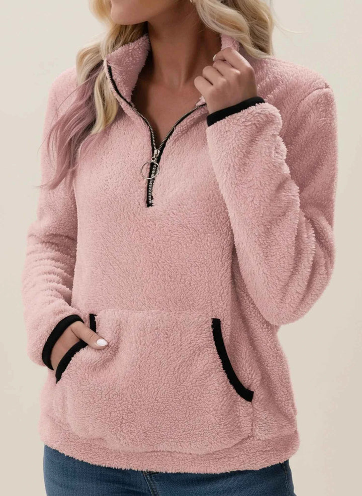 Women's Half-Zip Teddy Pullover Sweater Pink