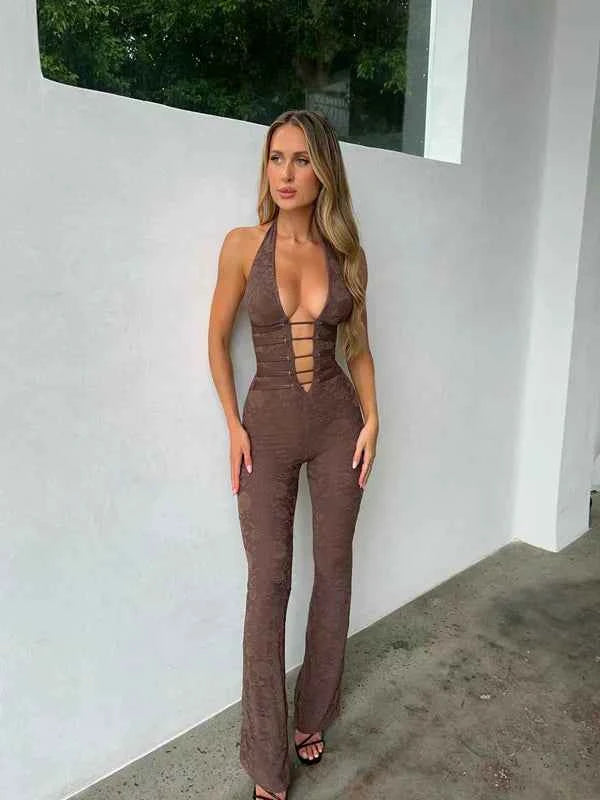 Women's Halter Neck Flared-Leg Jumpsuit Outfit Brown