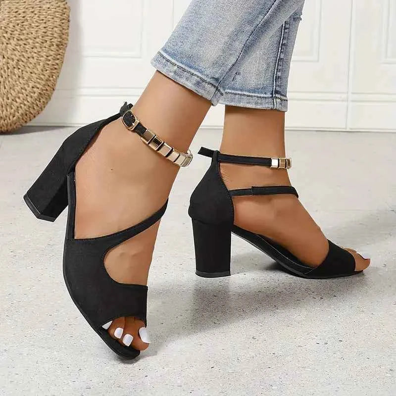 Women's Heeled Sandals with Asymmetrical Straps and Metallic Ankle Detail