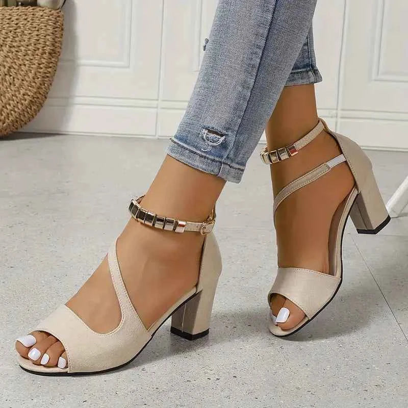 Women's Heeled Sandals with Asymmetrical Straps and Metallic Ankle Detail Beige