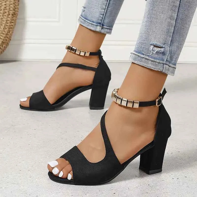 Women's Heeled Sandals with Asymmetrical Straps and Metallic Ankle Detail Black