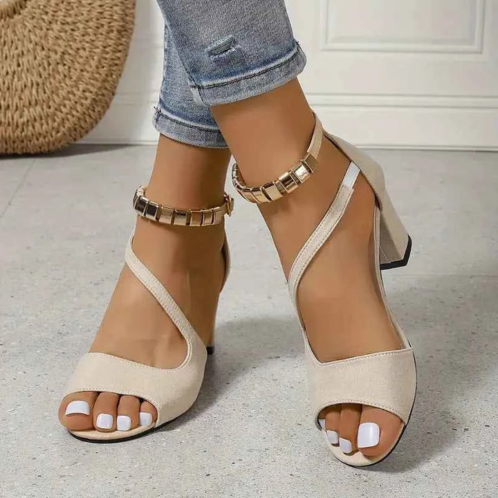 Women's Heeled Sandals with Asymmetrical Straps and Metallic Ankle Detail
