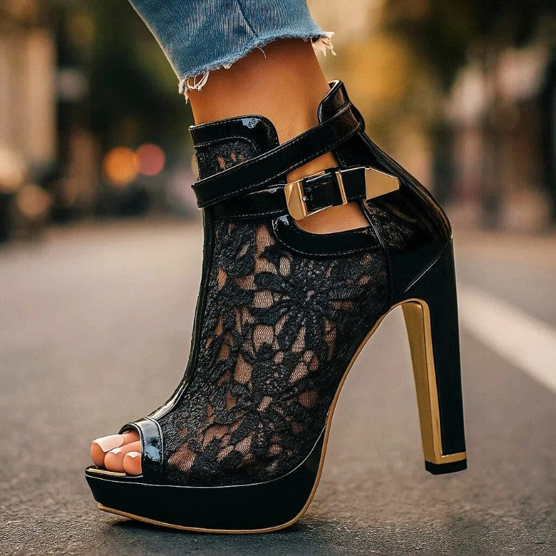 Women's High Heel Sandals with Lace Detail Black