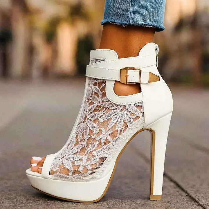 Women's High Heel Sandals with Lace Detail White