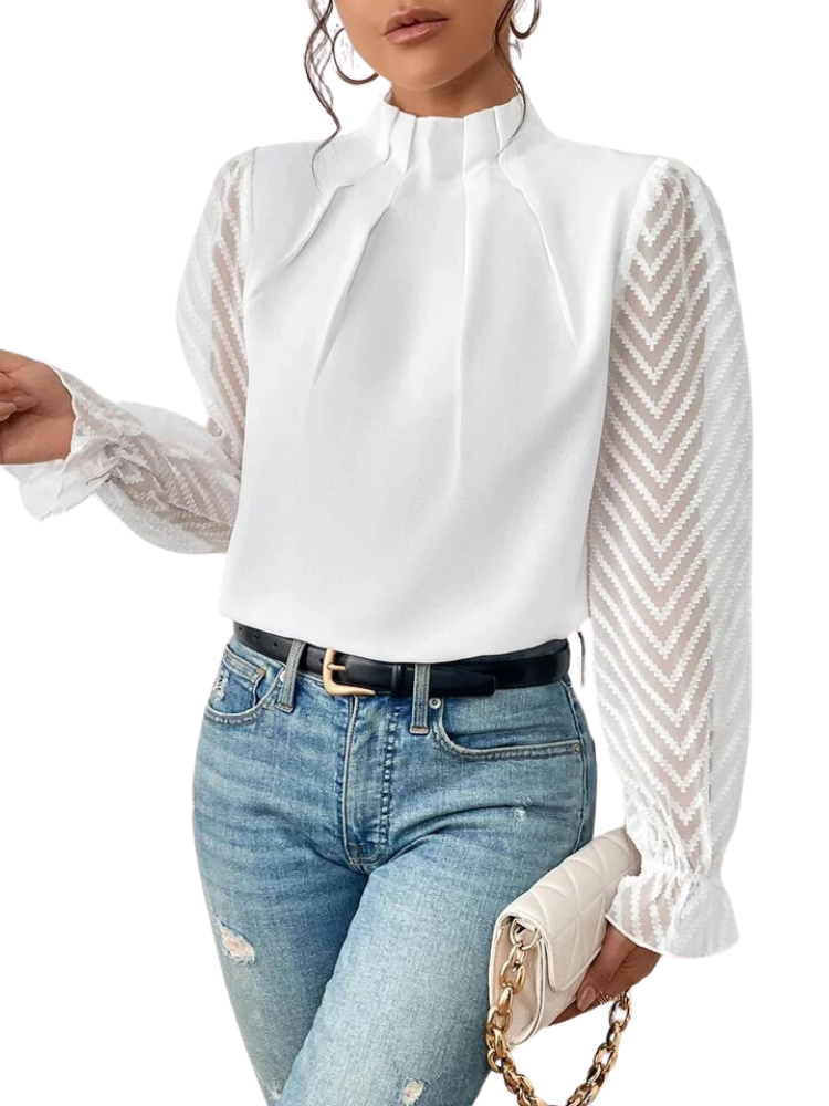 Women's High Ruffled Collar Blouse with Pleated Front and Sheer Chevron Sleeves White