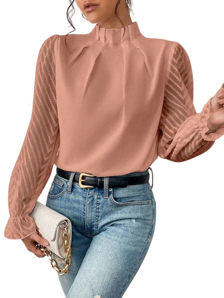 Women's High Ruffled Collar Blouse with Pleated Front and Sheer Chevron Sleeves Orange-Pink