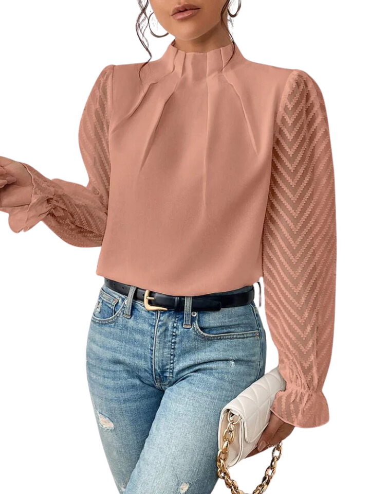 Women's High Ruffled Collar Blouse with Pleated Front and Sheer Chevron Sleeves Orange-Pink