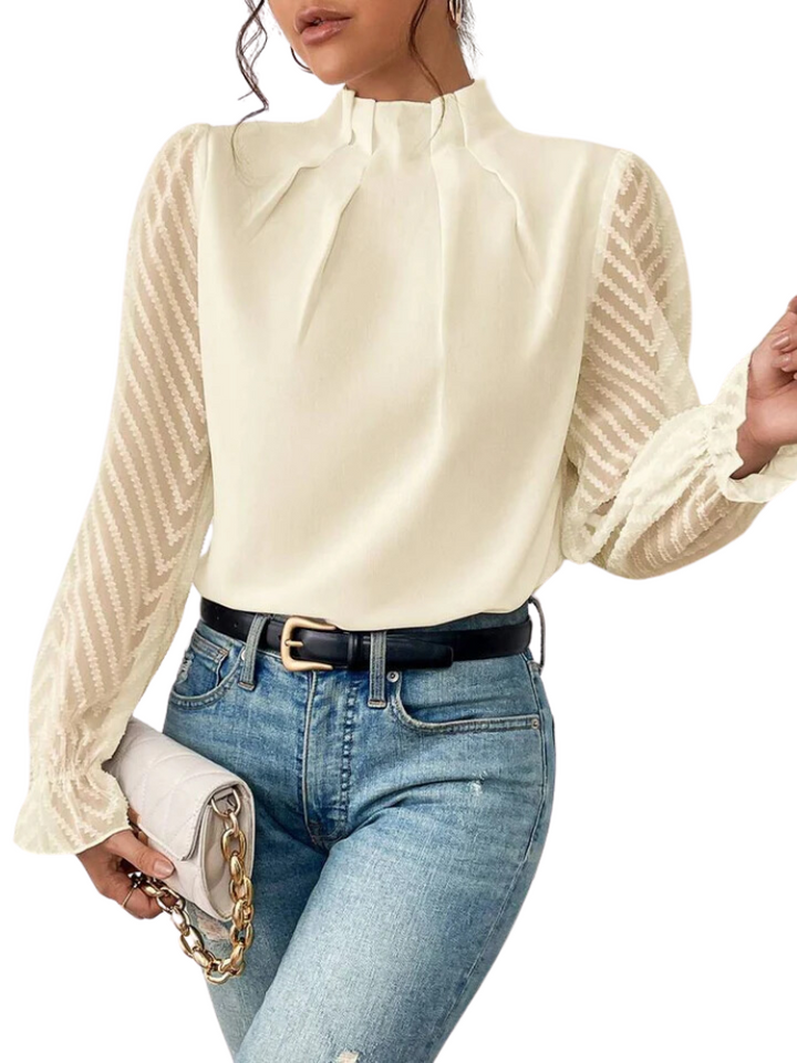 Women's High Ruffled Collar Blouse with Pleated Front and Sheer Chevron Sleeves Off-White