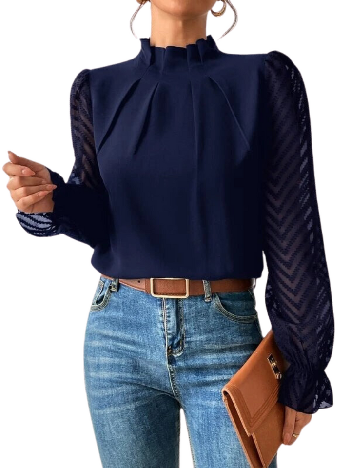 Women's High Ruffled Collar Blouse with Pleated Front and Sheer Chevron Sleeves Dark Blue