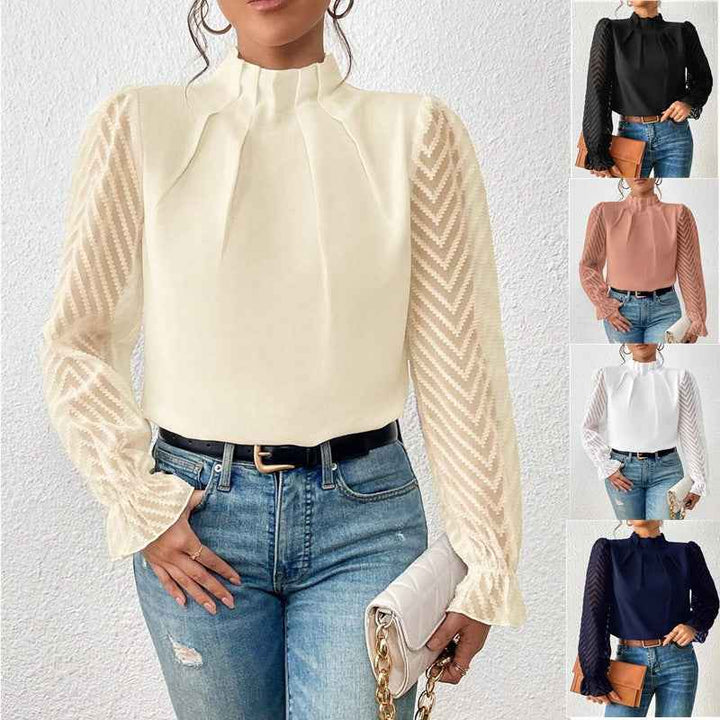 Women's High Ruffled Collar Blouse with Pleated Front and Sheer Chevron Sleeves