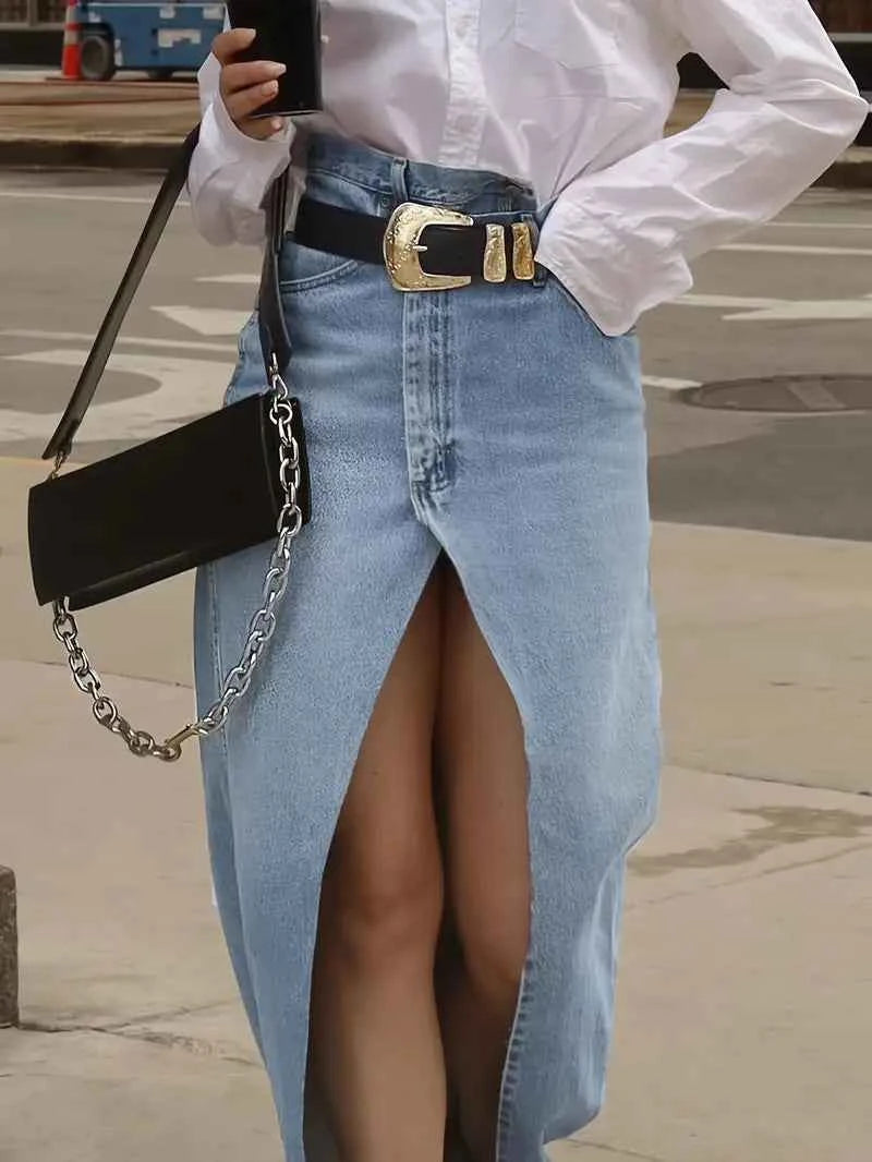 Women's High Waist Denim Maxi Skirt - Front Split - Casual Elegant Style