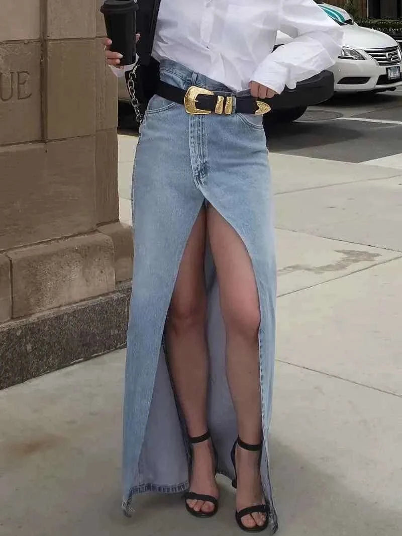 Women's High Waist Denim Maxi Skirt - Front Split - Casual Elegant Style