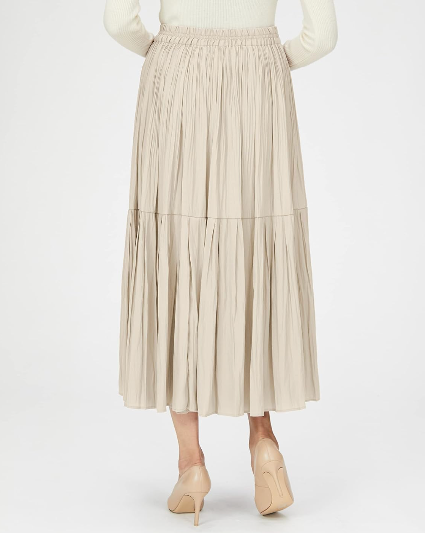 Women's High Waist Midi Skirt - Pleated Design with Elastic Waistband - Lightweight