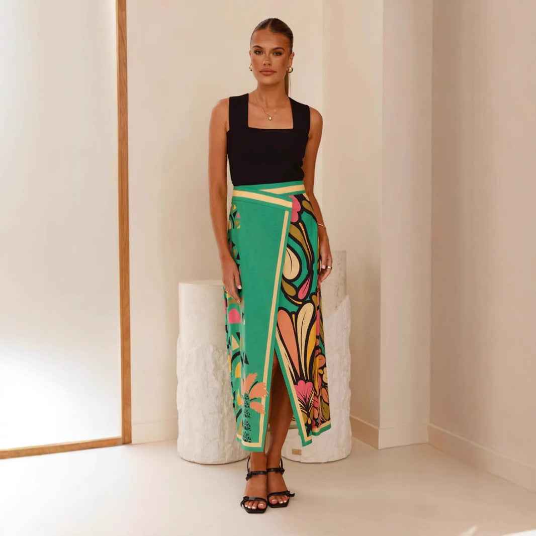 Women's High Waist Midi Skirt - Slim Fit, Front Split, Abstract Print, Airy Fabric