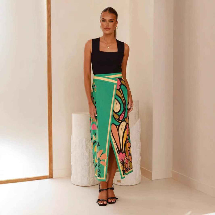 Women's High Waist Midi Skirt - Slim Fit, Front Split, Abstract Print, Airy Fabric