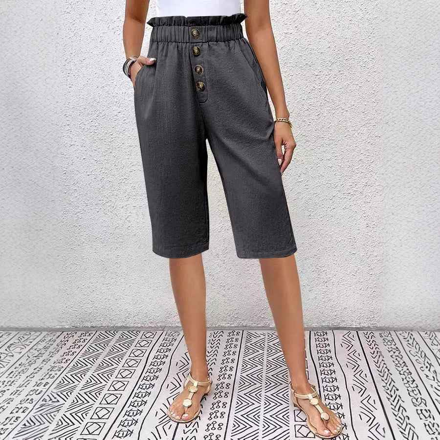 Women's High Waist Paperbag Shorts – Relaxed Fit – Breathable Fabric Dark Grey