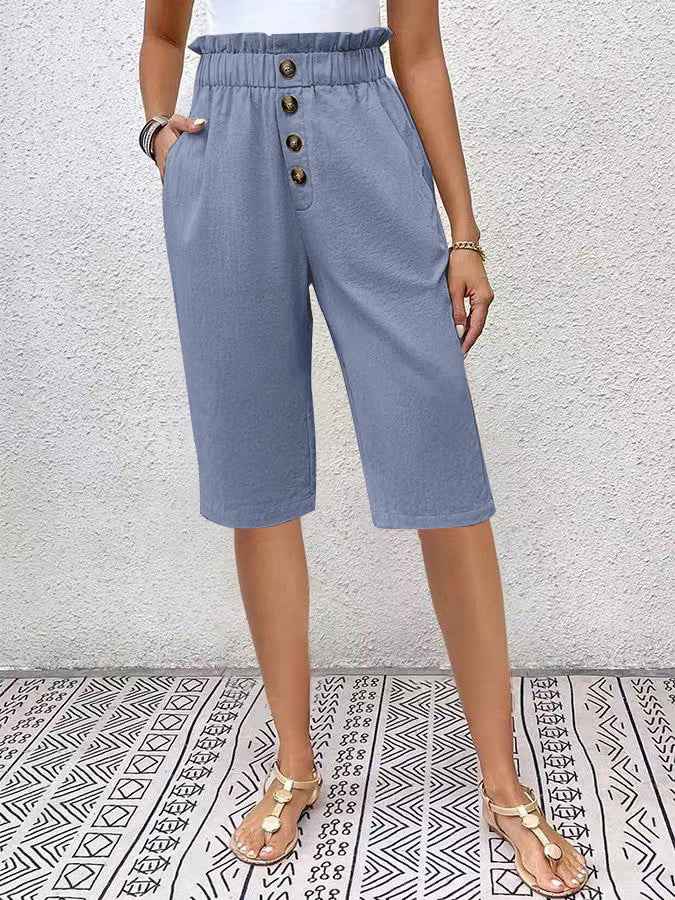 Women's High Waist Paperbag Shorts – Relaxed Fit – Breathable Fabric Light Blue