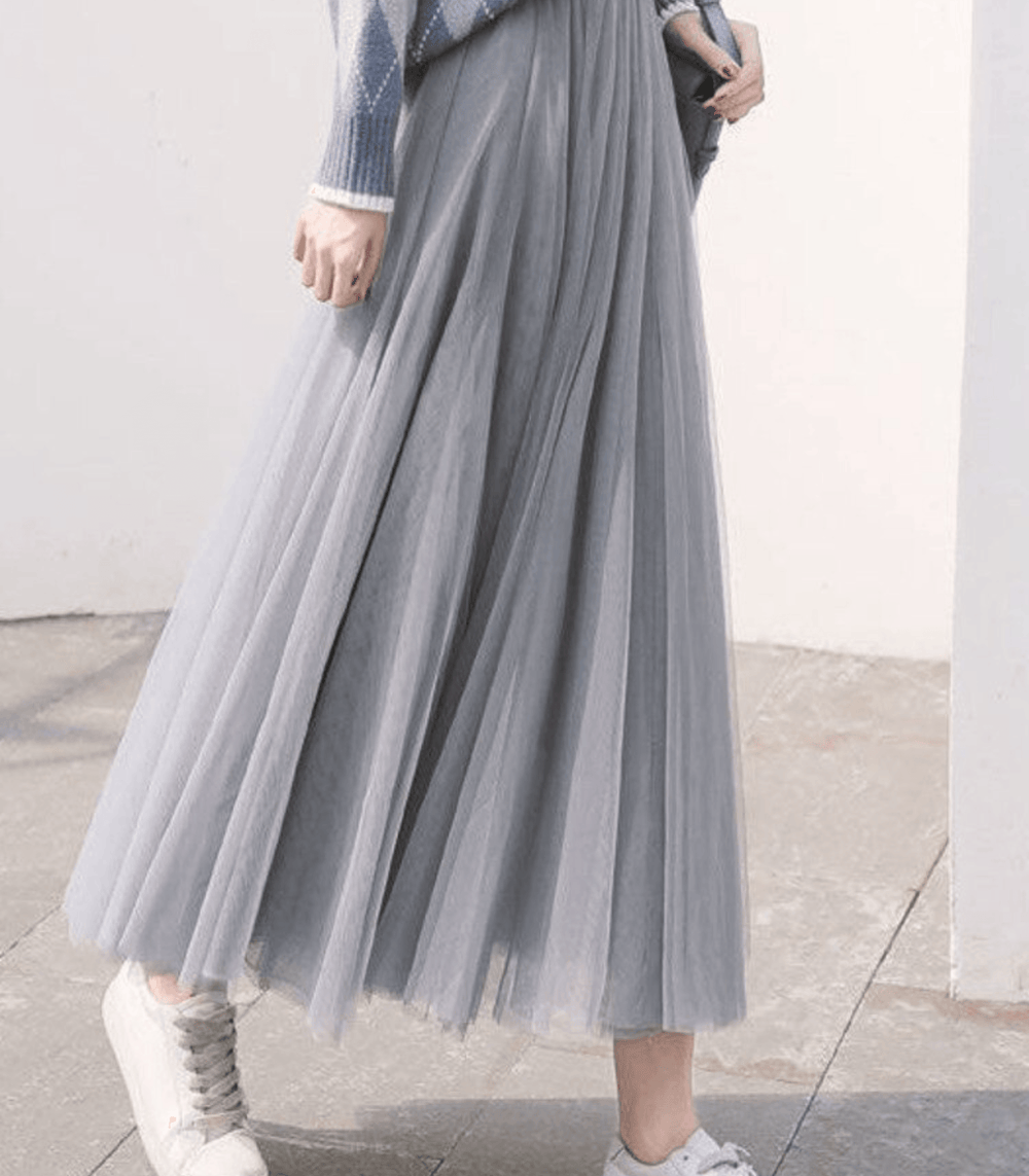 Women's High Waist Tulle Maxi Skirt - Layered & Airy Design Grey