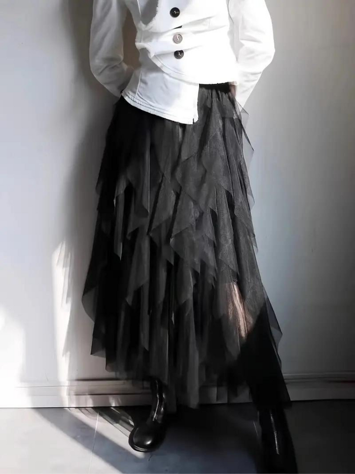 Women's High-Waisted Midi Skirt – Layered Mesh with Ruffles – Elegant Style Black