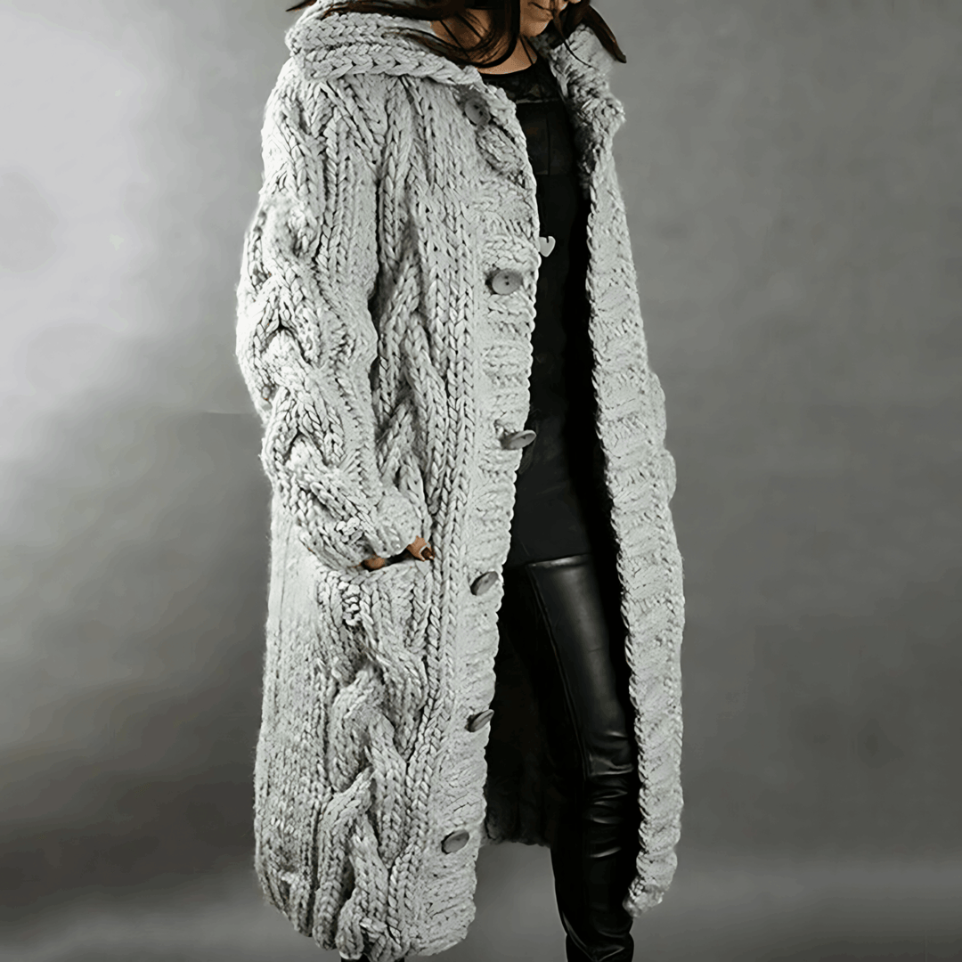 Women's Hooded Cable Knit Long Cardigan with Buttons - Comfortable Fit