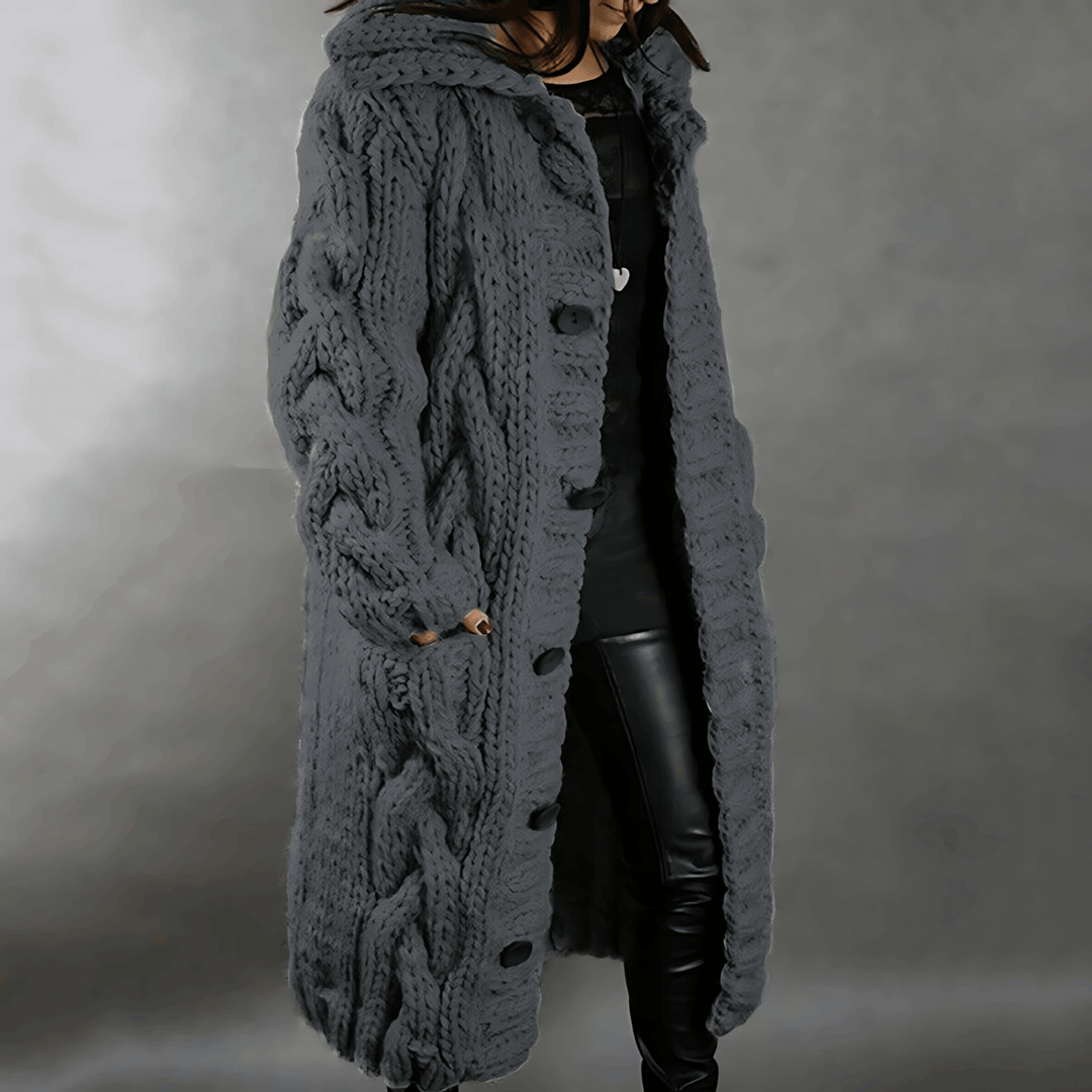 Women's Hooded Cable Knit Long Cardigan with Buttons - Comfortable Fit Grey