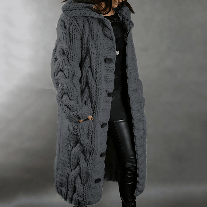Women's Hooded Cable Knit Long Cardigan with Buttons - Comfortable Fit Grey