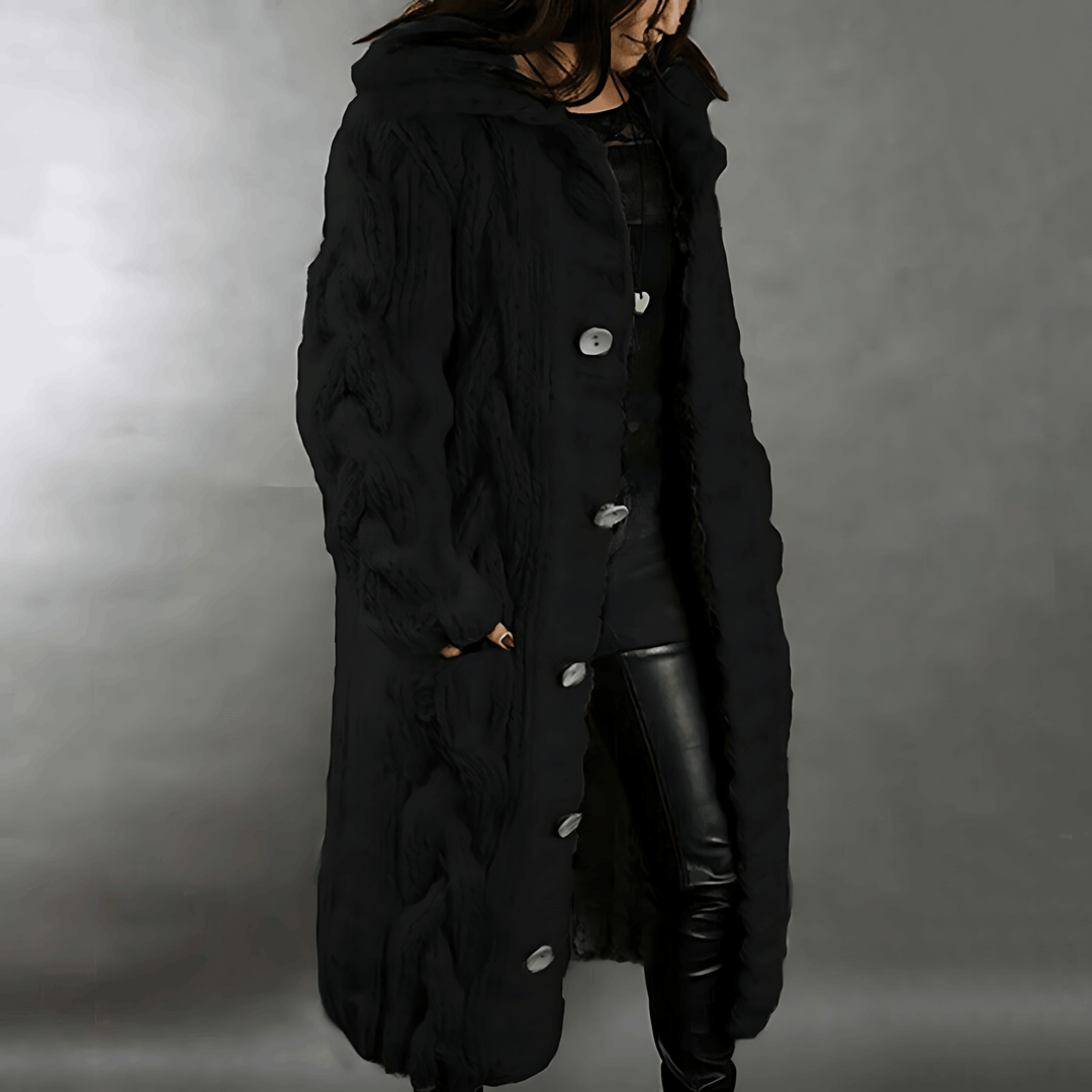 Women's Hooded Cable Knit Long Cardigan with Buttons - Comfortable Fit Black