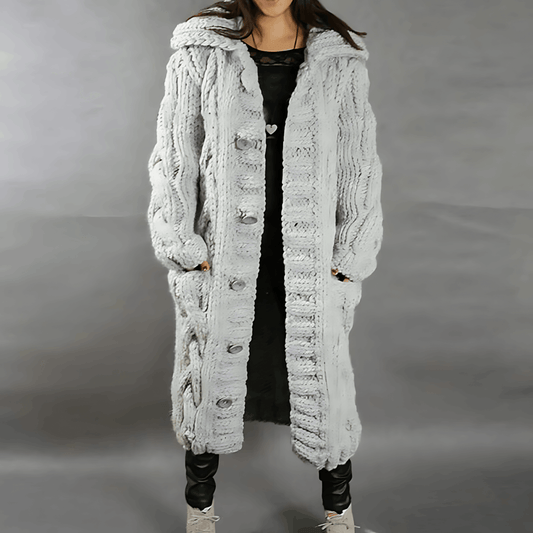 Women's Acrylic Hooded Cable-knit Cardigan Winter Essential Light Grey
