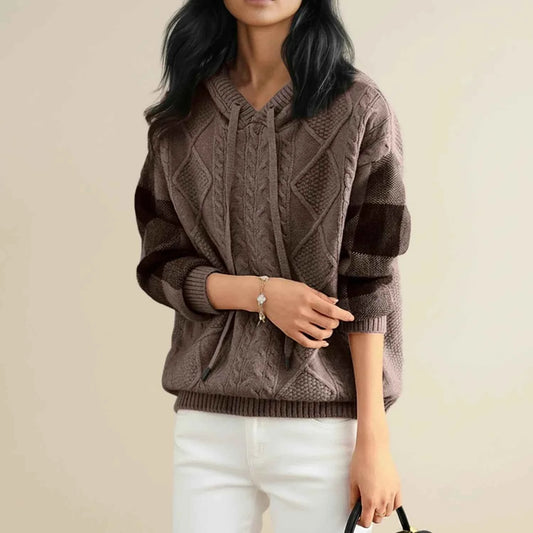 Women's Beige Hooded Cable Knit Drawstring Long Sleeve Sweater