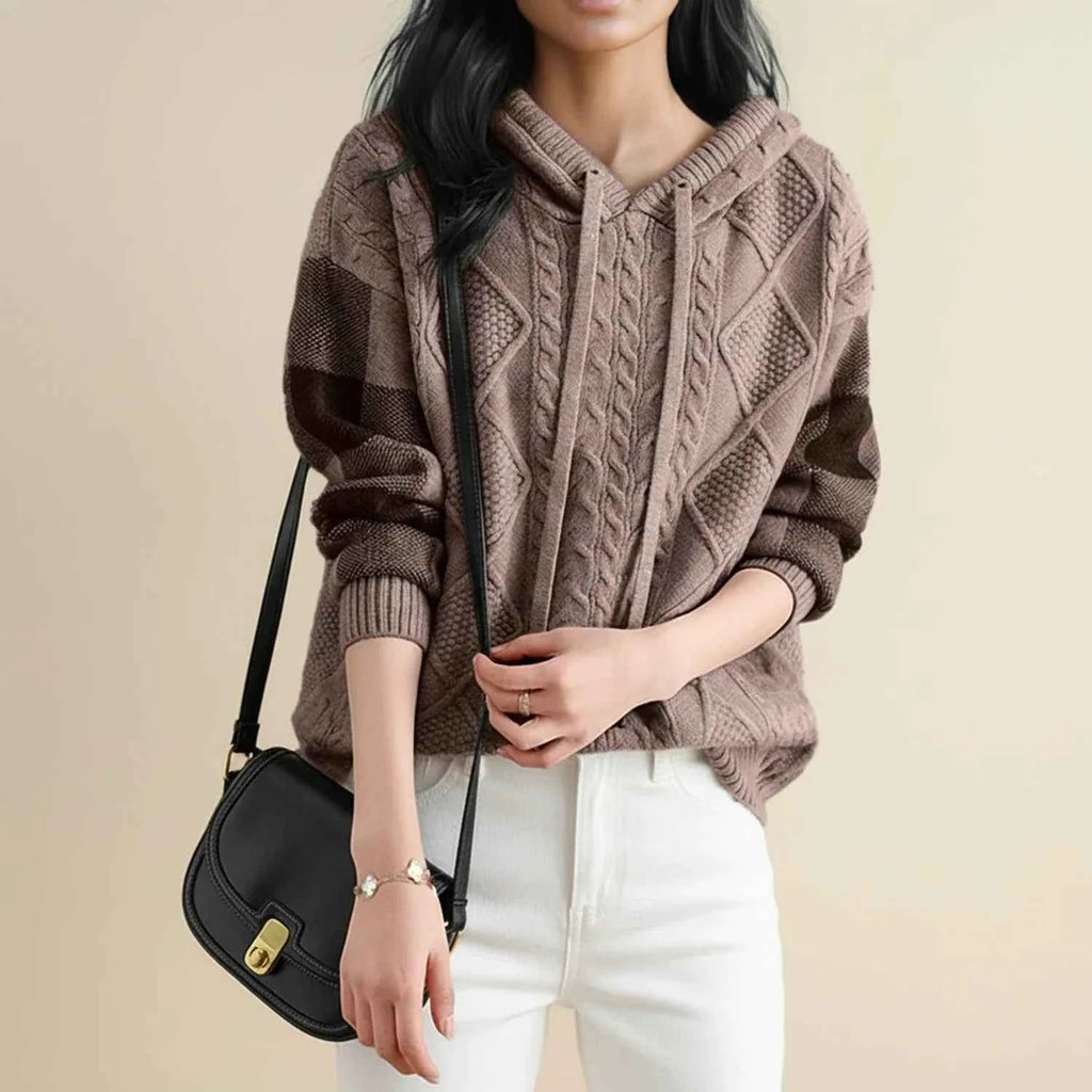 Women's Beige Hooded Cable Knit Drawstring Long Sleeve Sweater