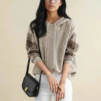 Women's Beige Hooded Cable Knit Drawstring Long Sleeve Sweater Beige One Size