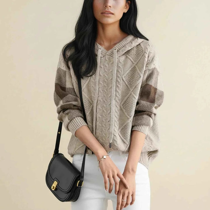 Women's Hooded Cable Knit Winter Sweater Beige One Size