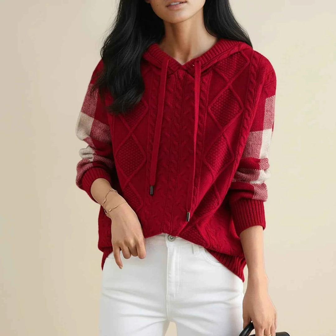 Women's Hooded Cable Knit Winter Sweater Red One Size