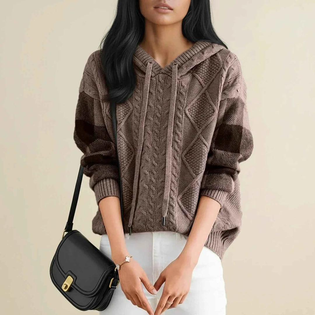 Women's Hooded Cable Knit Winter Sweater Brown One Size