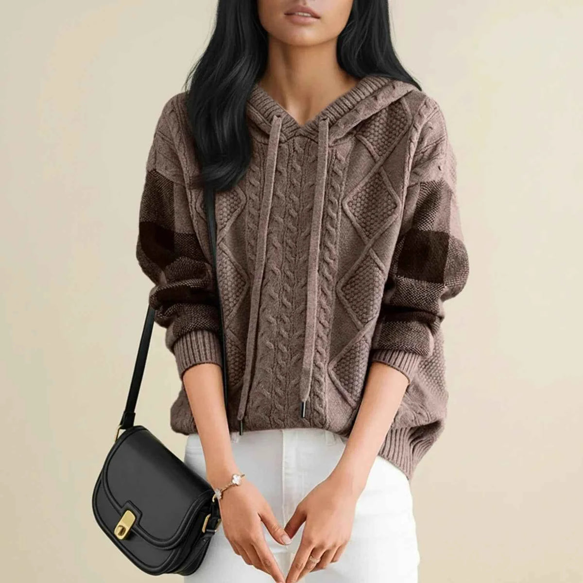 Women's Beige Hooded Cable Knit Drawstring Long Sleeve Sweater Brown One Size