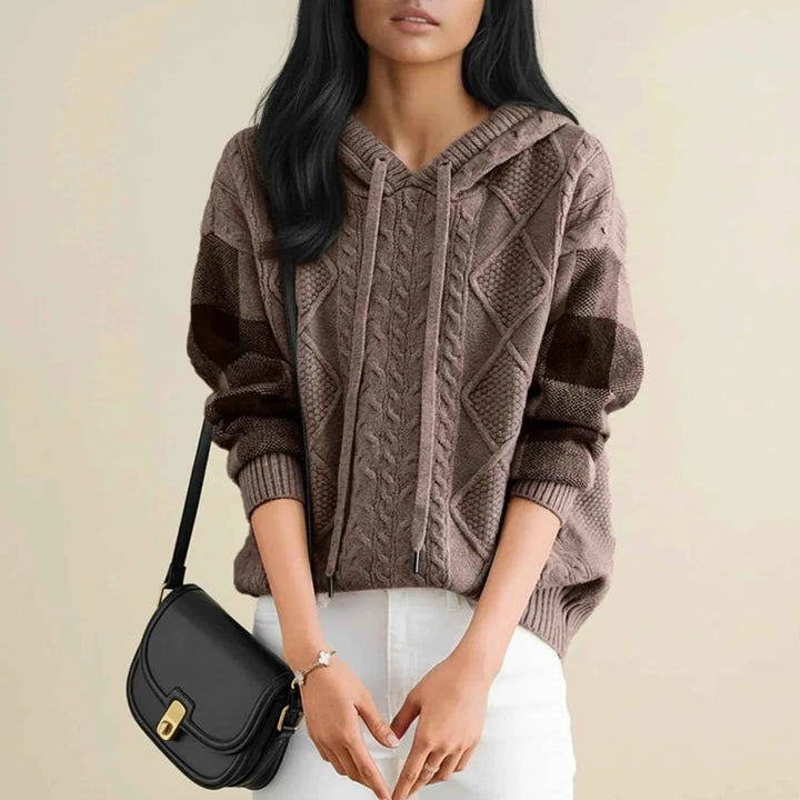Women's Hooded Cable Knit Winter Sweater Brown One Size