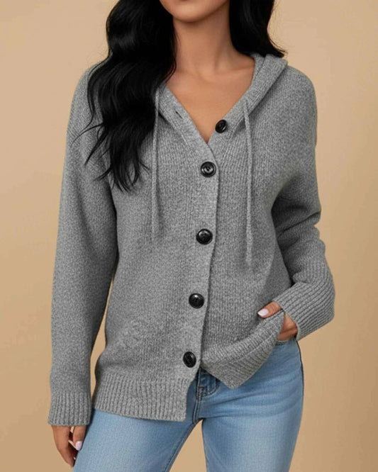 Women's Hooded Button Front Relaxed Fit Long Sleeve Grey Cardigan Grey