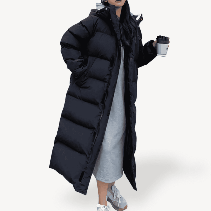 Women's Hooded Long Puffer Coat | Warm Winter Jacket Black