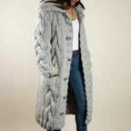 Women's Hooded Long Button Front Pocket Knit Winter Cardigan Light Grey