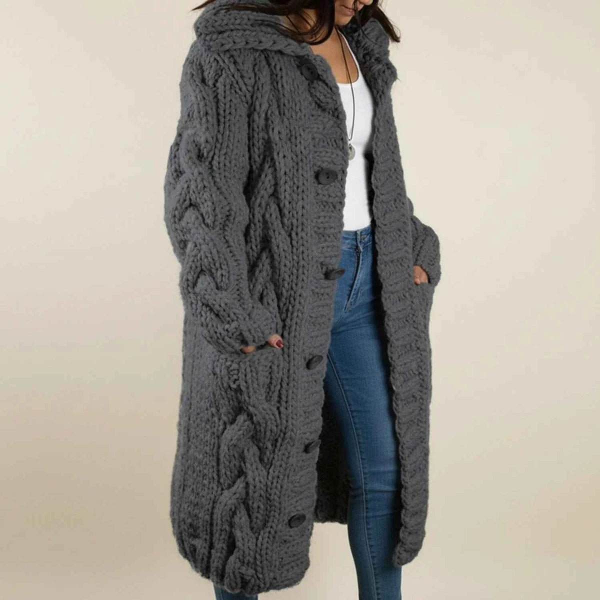 Women's Hooded Long Button Front Pocket Knit Winter Cardigan Dark Grey
