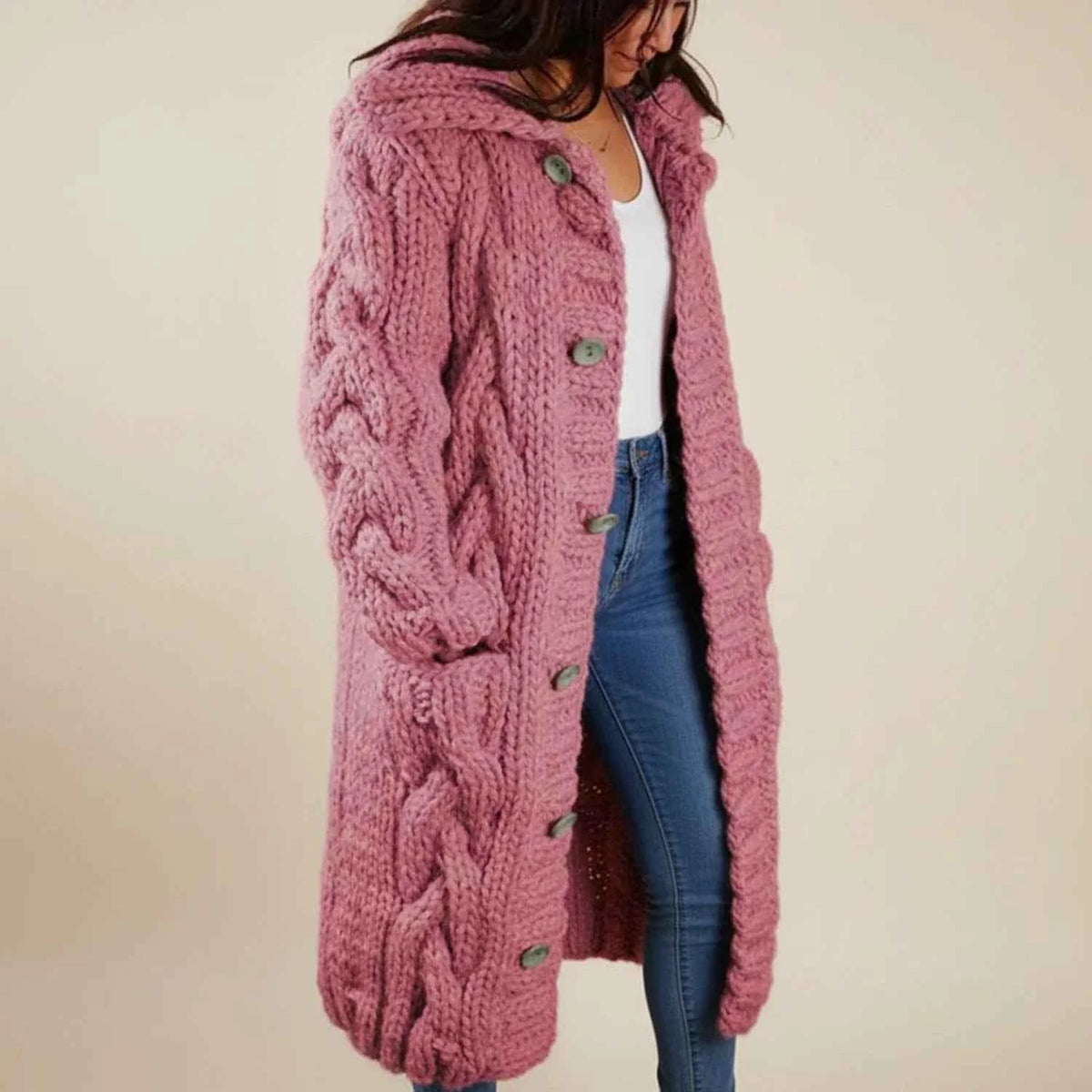 Women's Hooded Long Button Front Pocket Knit Winter Cardigan Pink