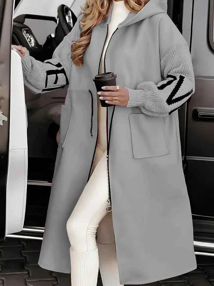 Women's Hooded Longline Coat - Stylish & Warm Grey