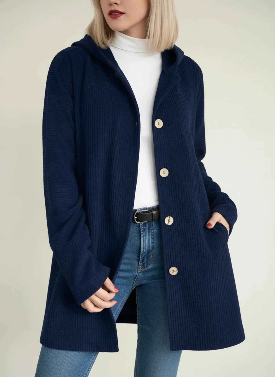 Women's Hooded Mid-Length Jacket Navy Blue