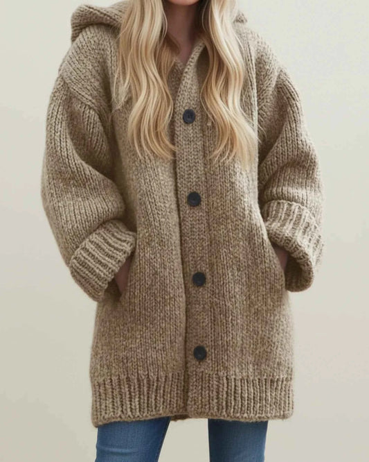 Women's Acrylic Oversized Hooded Button-front Cardigan Winter Khaki
