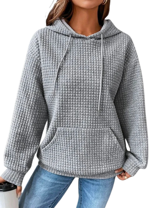 Women's Knitted Polyester Hood Drawstring Solid Black Winter Hoodie Grey