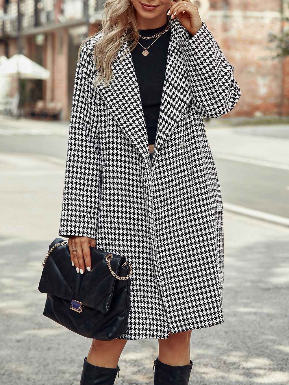 Women's Houndstooth Long Coat – Tailored Fit – Wool Blend – Notch Lapel – Front Buttons Black