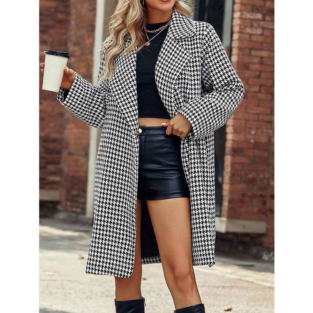 Women's Houndstooth Long Coat – Tailored Fit – Wool Blend – Notch Lapel – Front Buttons